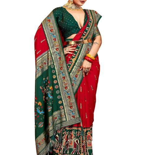 AKHILAM Women's Patola Silk Peacock Woven Design Zari Work Saree With Unstitched Blouse Piece