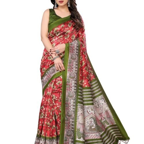Yashika Women's Printed Kalamkari Art Silk Saree With Tassels and Unstitched Blouse Material