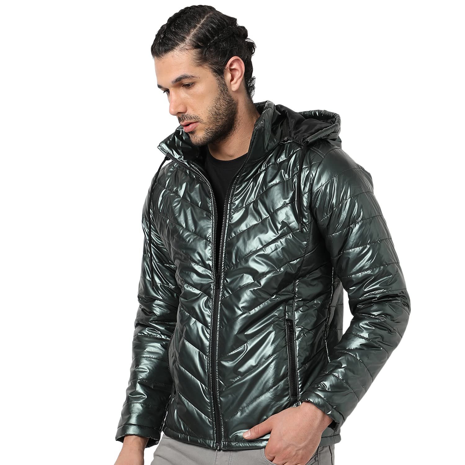 71bstPSFYHL._SL1500_.jpg Campus Sutra Men's Quilted Puffer Jacket With Contrast Striped Sleeve For Casual Wear | Hood Neck | Long Sleeve | Zip Closure | Polyester Jacket Crafted With Comfort Fit For Everyday Wear - Image 1