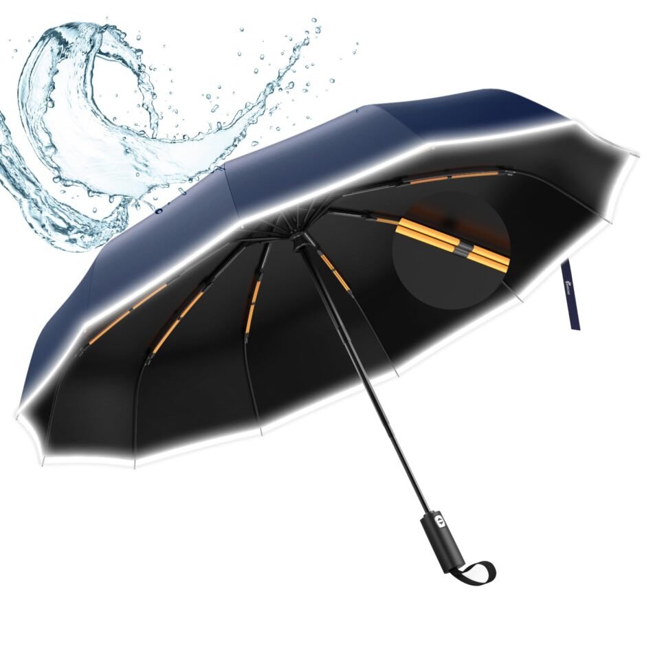 61tMs1tEn5L._SL1500_.jpg ANYCHO Big Umbrella for Men, 3 Fold with Reflective Stripe Travel Umbrella for Rain, Reinforced 12 Dual Ribs Windproof & Waterproof Folding Umbrella - Image 1